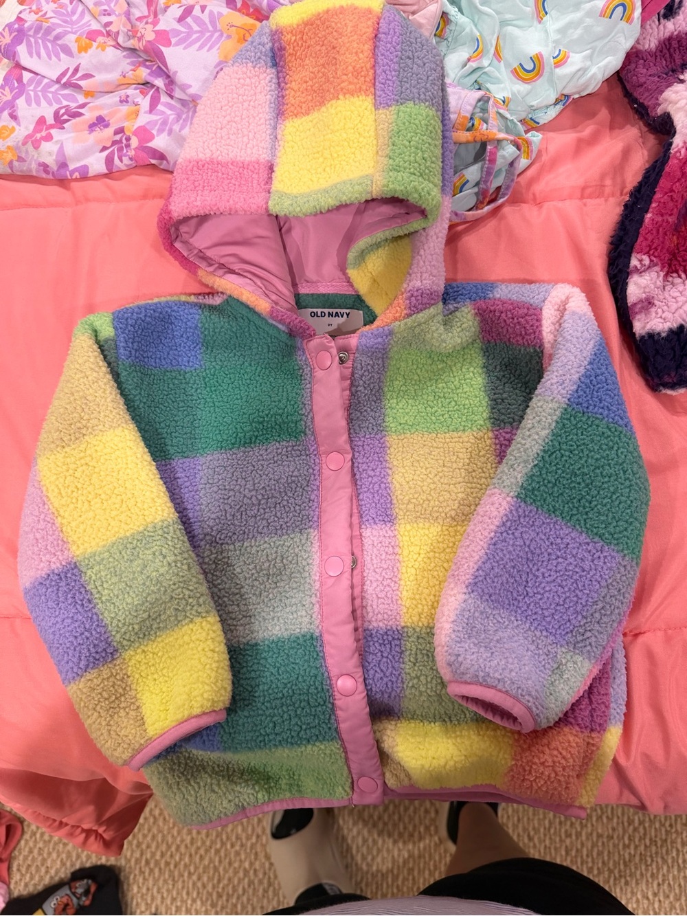 Old Navy Kids' Rainbow Patchwork Sherpa Hoodie Jacket - Pink Multicolor